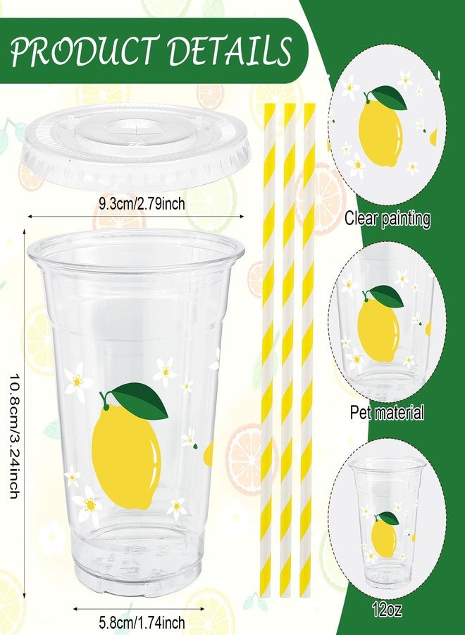 ABURRORI 50 Sets 12OZ Lemon Plastic cups with Lids and Straws, Yellow Lemon Party Decorations Disposable Print Clear Plastic Cups For Fruit Themed Party Juice Soda Beverage Supplies - Image 2