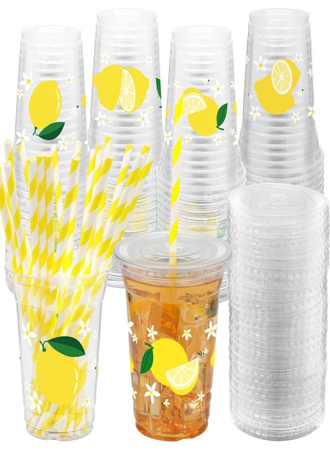 ABURRORI 50 Sets 12OZ Lemon Plastic cups with Lids and Straws, Yellow Lemon Party Decorations Disposable Print Clear Plastic Cups For Fruit Themed Party Juice Soda Beverage Supplies - Image 1