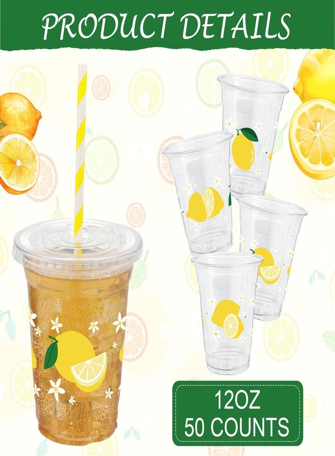 ABURRORI 50 Sets 12OZ Lemon Plastic cups with Lids and Straws, Yellow Lemon Party Decorations Disposable Print Clear Plastic Cups For Fruit Themed Party Juice Soda Beverage Supplies - Image 3