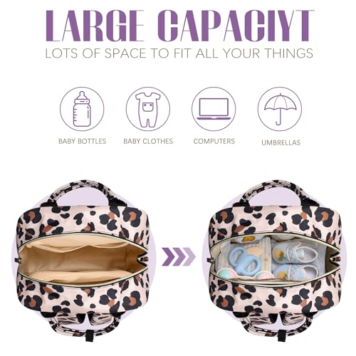 Tuwubi Diaper Bag Backpack Baby Essentials Travel Tote Bag Multi function Waterproof Backpacks Travel Essentials with Stroller Straps Pacifier Case Leopard Print - Image 3