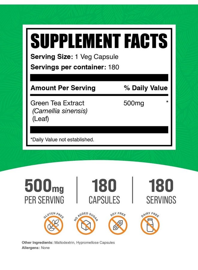 BulkSupplements.com Green Tea Extract Capsules - Green Tea Supplement, Green Tea Extract 500mg, Green Tea Pills - Vegan & Gluten Free, 1 Capsule per Serving, 180 Veg Capsules (Pack of 1) - Image 2
