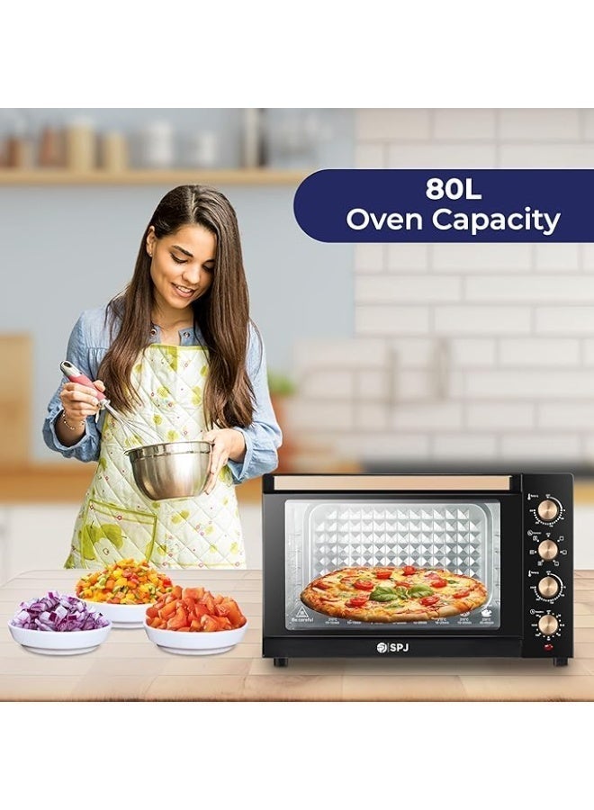 SPJ 80L Electric Oven – 2400W Power | 7 Power Levels | Adjustable Temperature 70–250°C | 120-Min Timer | 360° Motorized Rotisserie with Inner Lamp | Large Capacity Countertop Oven | EOW-BR80L01 | Black & Brown | 1-Year Warranty