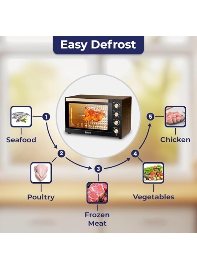 اس بي جي فرن كهربائي SPJ سعة ٨٠ لترًا - قوة ٢٤٠٠ واط | ٧ مستويات طاقة | درجة حرارة قابلة للتعديل من ٧٠ إلى ٢٥٠ درجة مئوية | مؤقت ١٢٠ دقيقة | شواية دوارة ٣٦٠ درجة مع مصباح داخلي | فرن سطحي كبير السعة | EOW-BR80L01 | أسود وبني | ضمان لمدة عام - Image 3