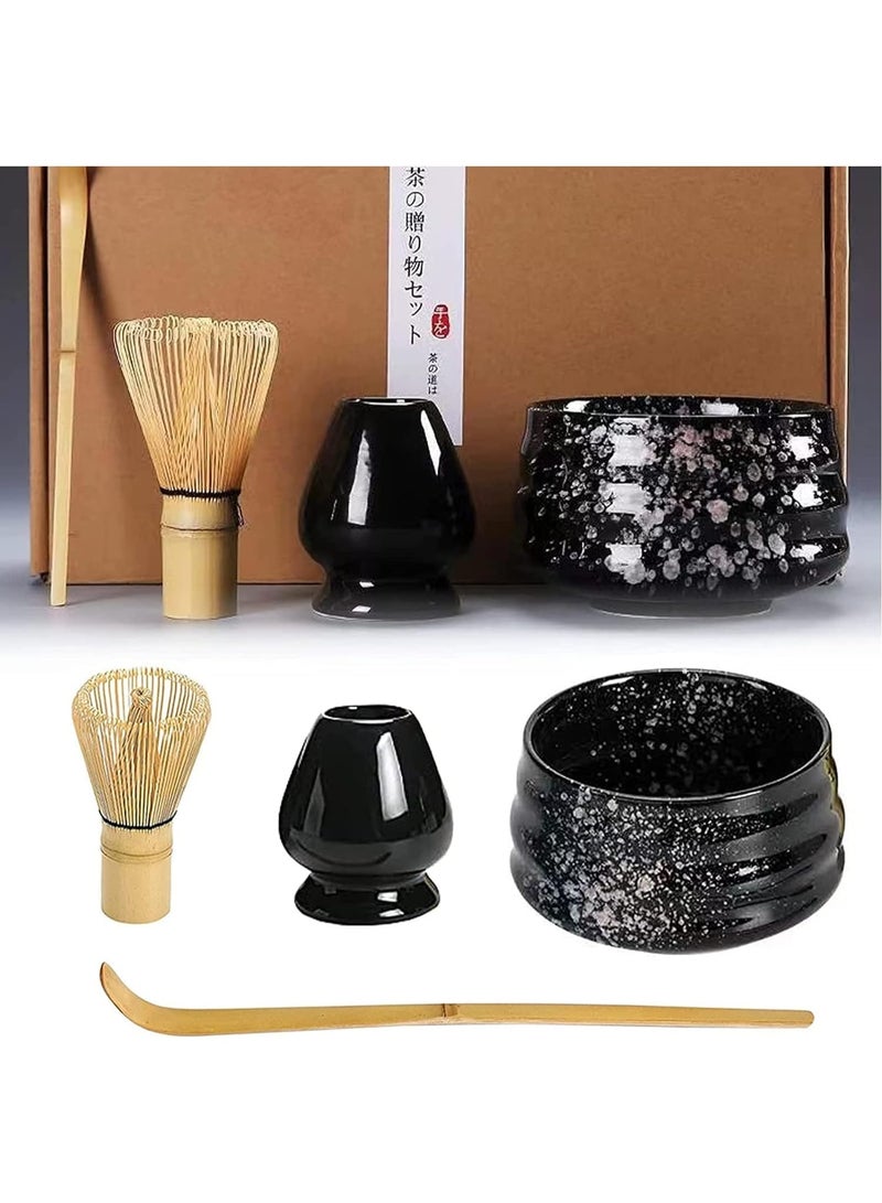 Matcha Whisk Set - 4pcs Japanese Tea Set With Traditional Scoop, Bowl, Ceramic Holder for Tea Ceremony (Black) - Image 1