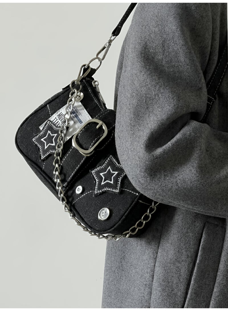 Women Denim Style Shoulder Bag - Star Design Crossbody Bag for Girls - Image 2