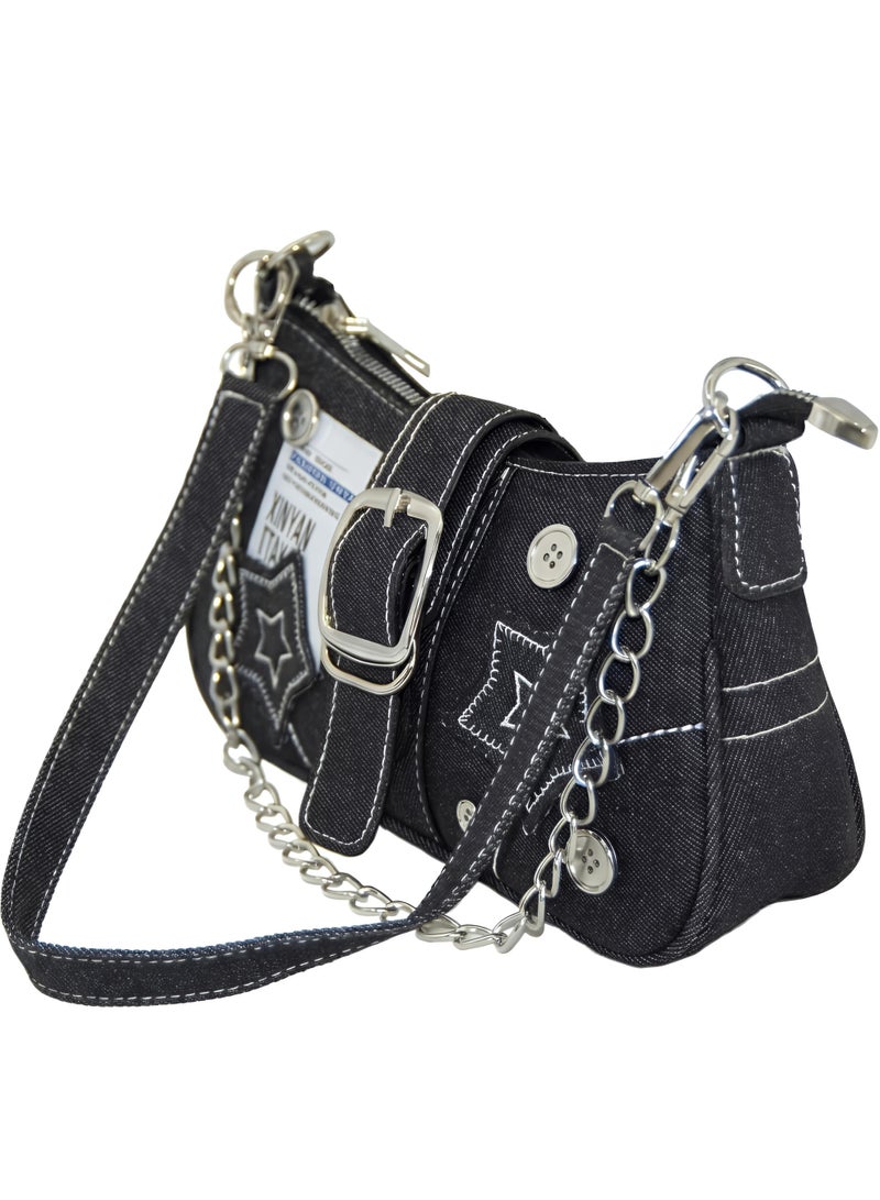 Women Denim Style Shoulder Bag - Star Design Crossbody Bag for Girls - Image 1