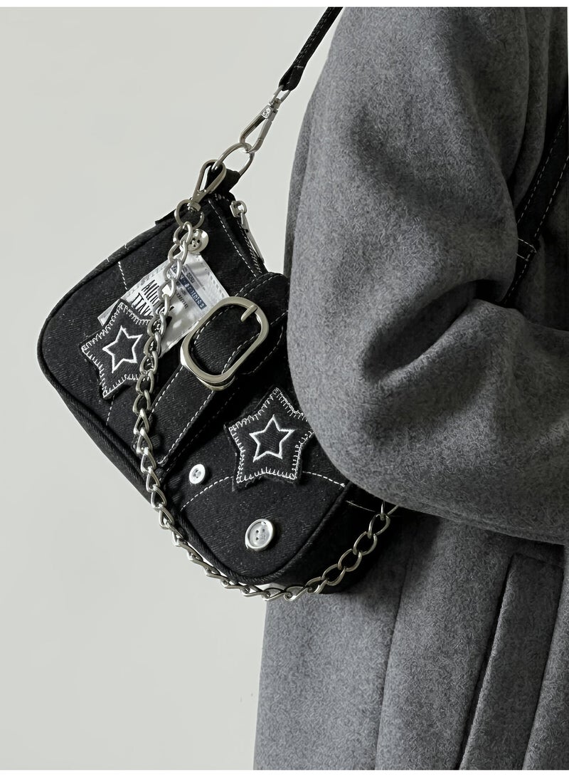 Women Denim Style Shoulder Bag - Star Design Crossbody Bag for Girls - Image 3