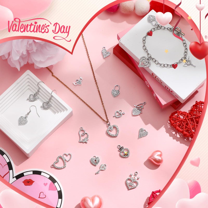 Kenning 48 Pcs 12-31mm Valentine Heart Rhinestone Charms Bulk Alloy Sweet Heart Charms Crystal Dangle Pendants for DIY Bracelet Necklace Earring Jewelry Making Supplies(Silver,Romantic) - Image 3