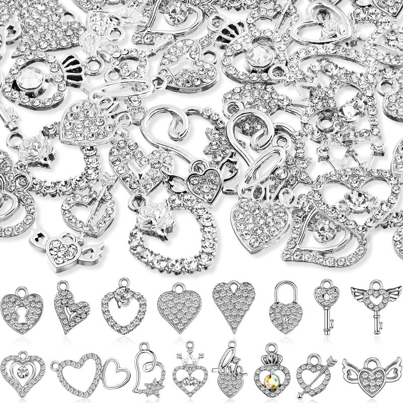 Kenning 48 Pcs 12-31mm Valentine Heart Rhinestone Charms Bulk Alloy Sweet Heart Charms Crystal Dangle Pendants for DIY Bracelet Necklace Earring Jewelry Making Supplies(Silver,Romantic) - Image 1
