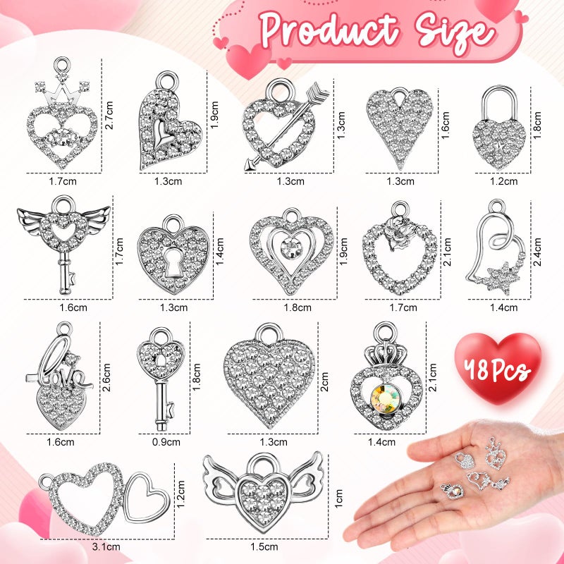 Kenning 48 Pcs 12-31mm Valentine Heart Rhinestone Charms Bulk Alloy Sweet Heart Charms Crystal Dangle Pendants for DIY Bracelet Necklace Earring Jewelry Making Supplies(Silver,Romantic) - Image 2