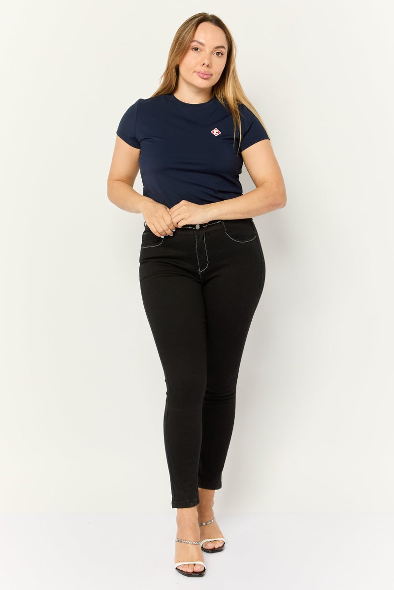 ESPRIT Women Round Neck Neck Short Sleeves Brand Logo Tops, Navy - Image 2