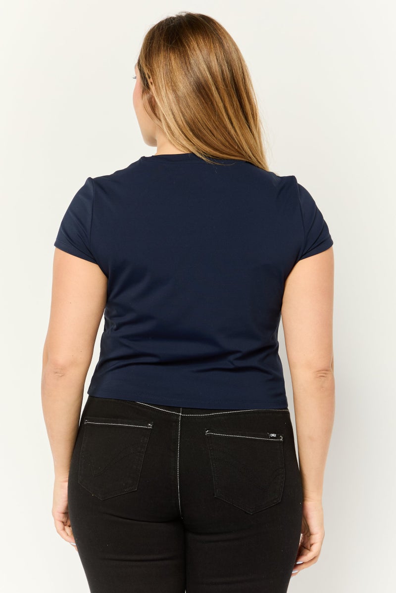 ESPRIT Women Round Neck Neck Short Sleeves Brand Logo Tops, Navy - Image 4