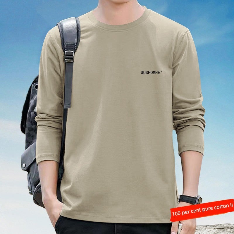 100% pure cotton long-sleeved men's spring and autumn thin casual sports versatile trendy plus-size top cotton round-neck base shirt - Image 3