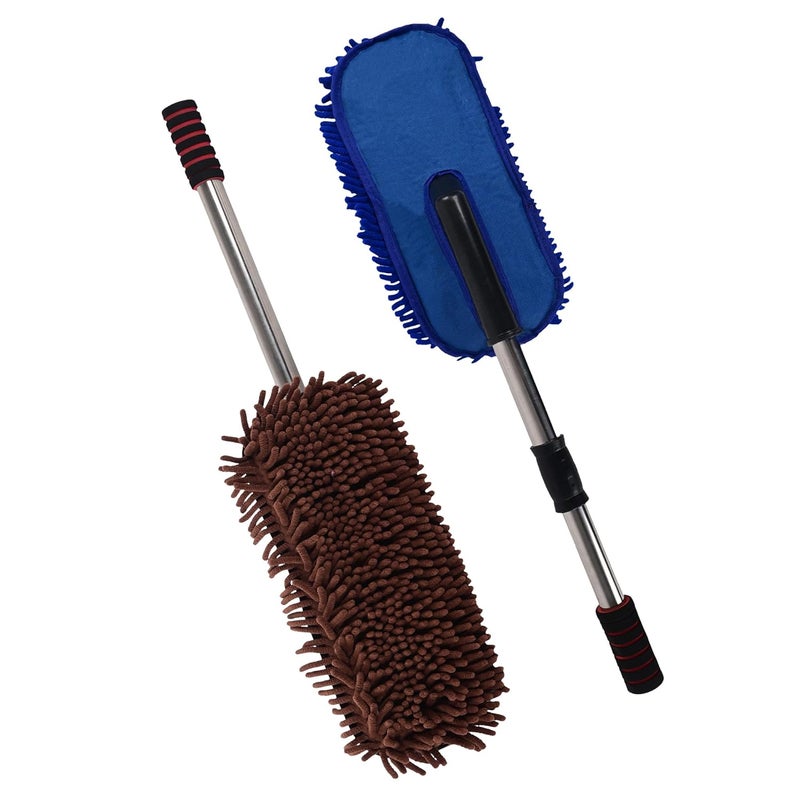 Kuber Industries Pack of 2 Extendable Microfibre Duster for Home Cleaning Dust Spider Web Cleaner Stick Washable Dusting Brush for Home Car Cleaning Accessories Brown Blue - Image 1