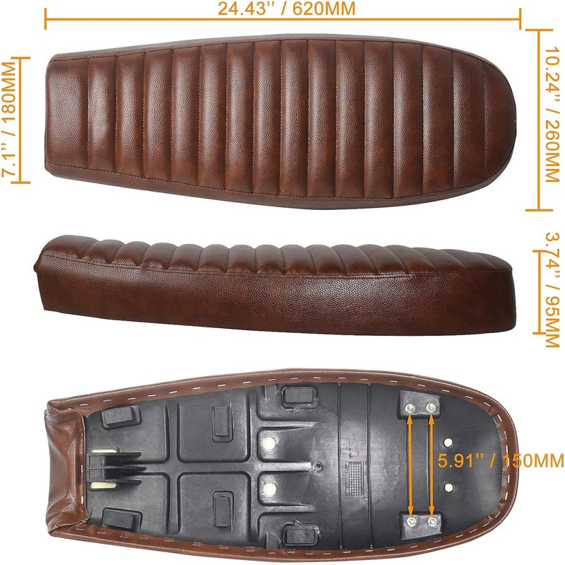 DKMOTORK 0165 Motorcycle Brat Cafe Racer Flat Vintage Saddle Seat - Brown - Image 4
