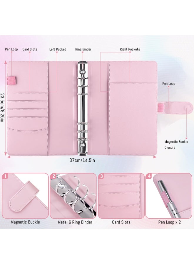 A5 Notebook Binder 6 Ring Refillable Budget Planner Cover for Cash Organizer, PU Leather Loose Leaf Kpop Photocard Holder Small Binder for A5 Planner Inserts with Magnetic Buckle (Pink) - Image 2