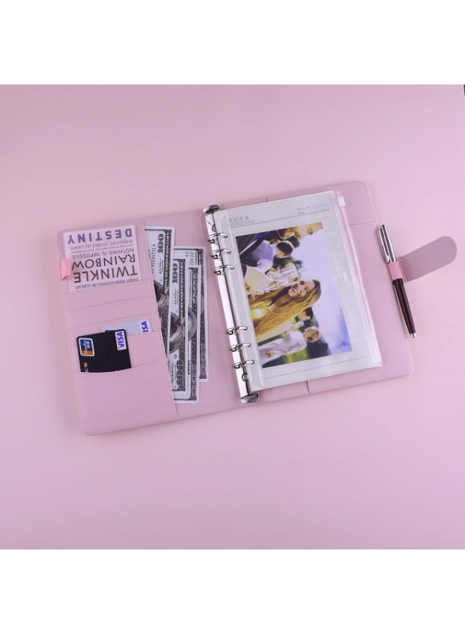 A5 Notebook Binder 6 Ring Refillable Budget Planner Cover for Cash Organizer, PU Leather Loose Leaf Kpop Photocard Holder Small Binder for A5 Planner Inserts with Magnetic Buckle (Pink) - Image 3