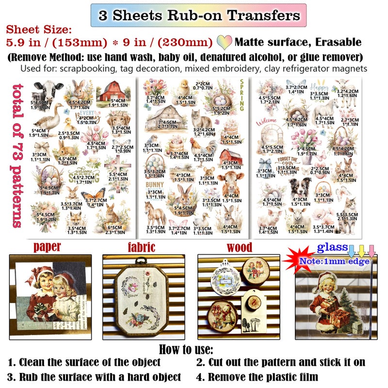 CATaireen Spring Easter Crafts Rub On Transfers Sticker Vintage Floral Farm Rabbit Cow Decal DIY Egg Cute Bunny Use for Fabric Clay Paper Wood Holiday Scrapbooking Embellishments (Larger 3 Sheets) - Image 2
