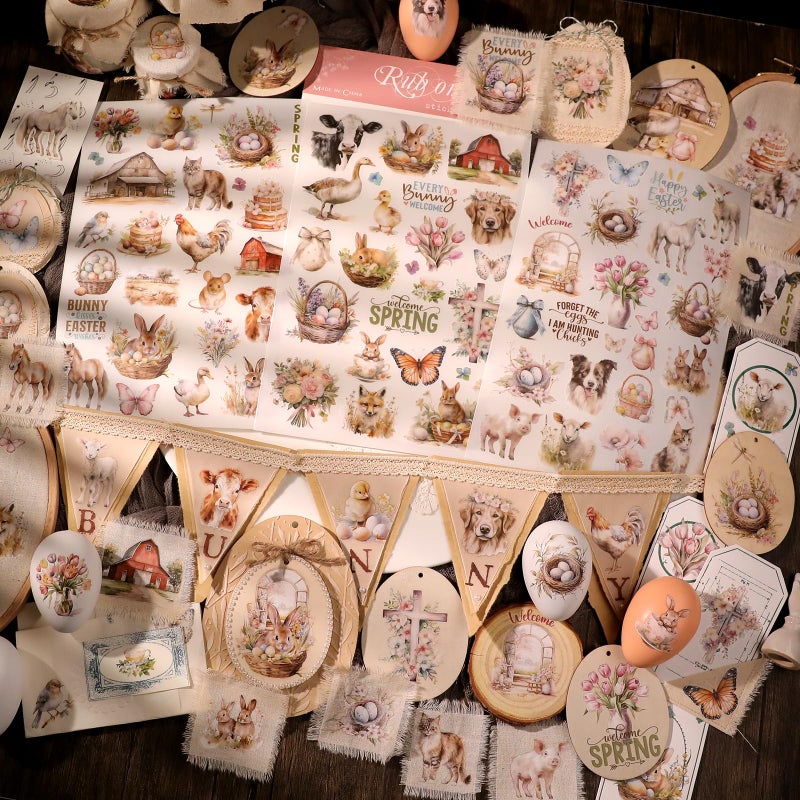 CATaireen Spring Easter Crafts Rub On Transfers Sticker Vintage Floral Farm Rabbit Cow Decal DIY Egg Cute Bunny Use for Fabric Clay Paper Wood Holiday Scrapbooking Embellishments (Larger 3 Sheets) - Image 3