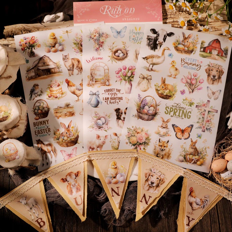 CATaireen Spring Easter Crafts Rub On Transfers Sticker Vintage Floral Farm Rabbit Cow Decal DIY Egg Cute Bunny Use for Fabric Clay Paper Wood Holiday Scrapbooking Embellishments (Larger 3 Sheets) - Image 4