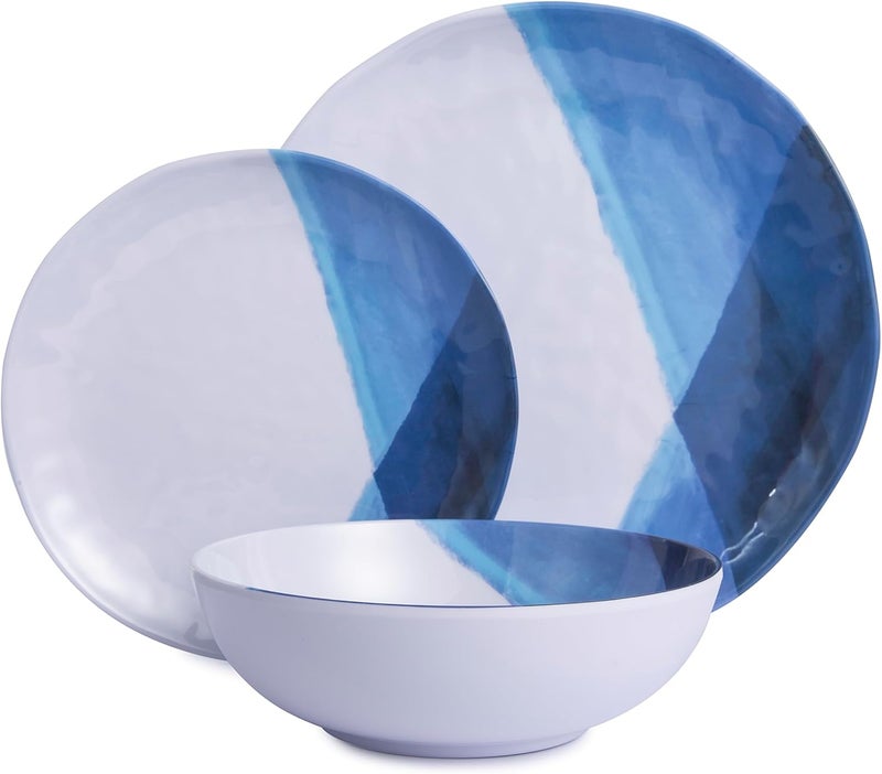 Webbylee Melamine Plates and Bowls Set  12pcs Dinnerware Dishes Set for 4 Dinner Plates for Indoor and Outdoor Use Lightweight Breakresistant Blue  White - Image 1
