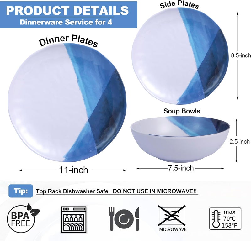 Webbylee Melamine Plates and Bowls Set  12pcs Dinnerware Dishes Set for 4 Dinner Plates for Indoor and Outdoor Use Lightweight Breakresistant Blue  White - Image 2