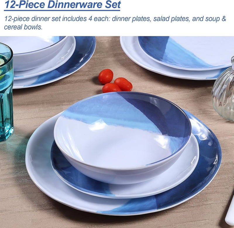 Webbylee Melamine Plates and Bowls Set  12pcs Dinnerware Dishes Set for 4 Dinner Plates for Indoor and Outdoor Use Lightweight Breakresistant Blue  White - Image 4
