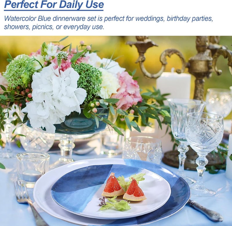 Webbylee Melamine Plates and Bowls Set  12pcs Dinnerware Dishes Set for 4 Dinner Plates for Indoor and Outdoor Use Lightweight Breakresistant Blue  White - Image 3