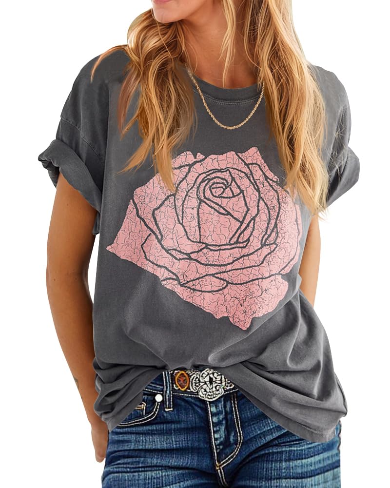 Fazortev Womens Rose Graphic Tee T Shirt Loose Fit Summer Short Sleeve Casual Boyfriend Crew Neck Tops - Image 1