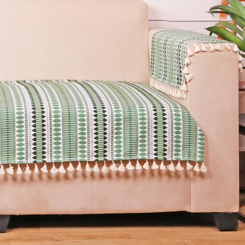STITCHNEST Woven 2 Seater Sofa Protector with 2 Hand Rest Covers – Green & White Stripe Design – Washable Fabric with Tassels – Stylish Sofa Cover for Modern Living Room & Furniture Décor - Image 5