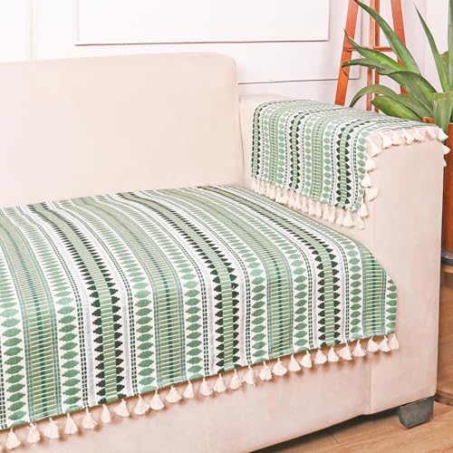 STITCHNEST Woven 2 Seater Sofa Protector with 2 Hand Rest Covers – Green & White Stripe Design – Washable Fabric with Tassels – Stylish Sofa Cover for Modern Living Room & Furniture Décor - Image 1
