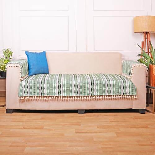 STITCHNEST Woven 2 Seater Sofa Protector with 2 Hand Rest Covers – Green & White Stripe Design – Washable Fabric with Tassels – Stylish Sofa Cover for Modern Living Room & Furniture Décor - Image 4