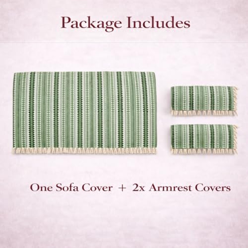 STITCHNEST Woven 2 Seater Sofa Protector with 2 Hand Rest Covers – Green & White Stripe Design – Washable Fabric with Tassels – Stylish Sofa Cover for Modern Living Room & Furniture Décor - Image 2