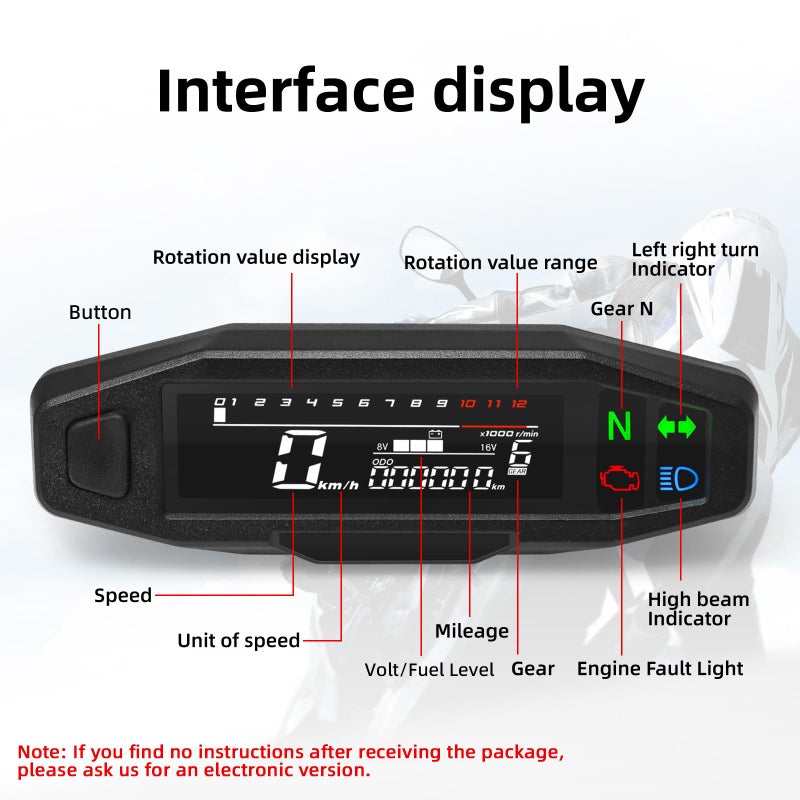 MAIMEIMI Motorcycle Speedometer MAIMEIMI 9-16V Universal Motorcycle Gauge Cluster with Digital Speedometer, Small Engine Tachometer, Odometer, 6 Gear 12000 RPM MPH Mini LCD VA Screen - Image 2