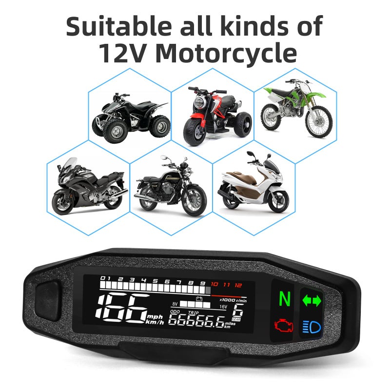 MAIMEIMI Motorcycle Speedometer MAIMEIMI 9-16V Universal Motorcycle Gauge Cluster with Digital Speedometer, Small Engine Tachometer, Odometer, 6 Gear 12000 RPM MPH Mini LCD VA Screen - Image 5