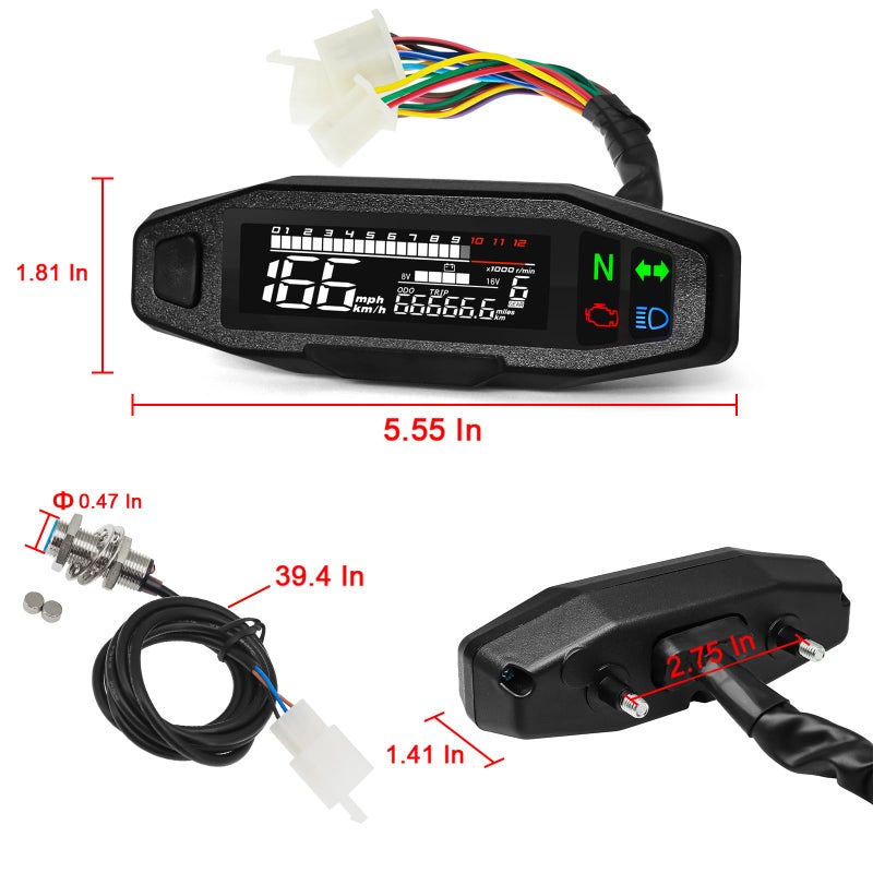 MAIMEIMI Motorcycle Speedometer MAIMEIMI 9-16V Universal Motorcycle Gauge Cluster with Digital Speedometer, Small Engine Tachometer, Odometer, 6 Gear 12000 RPM MPH Mini LCD VA Screen - Image 4