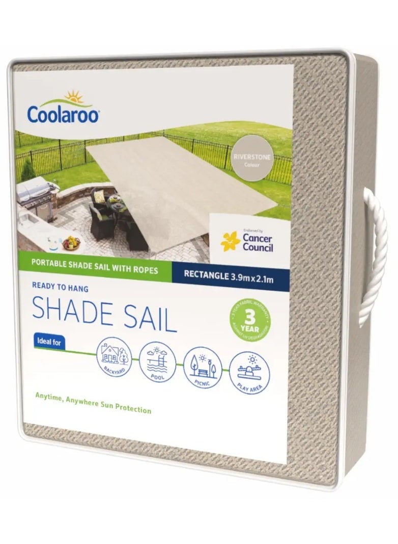 Coolaroo Portable Ready-To-Hang Rectangle Riverstone Colour Shade Sail With Ropes Against Uv Degradation 3.9X2.1M Size - Image 1