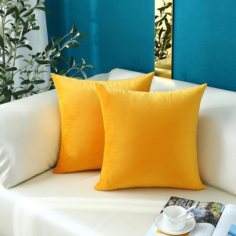 mixeoo Comfy Mustard Yellow Throw Pillow Covers Decorative Square Solid Thick Velvet Soft Cushion Cases Home Decor for Sofa Couch Living Room Chair, Set of 2, 18 x 18 Inch - Image 2