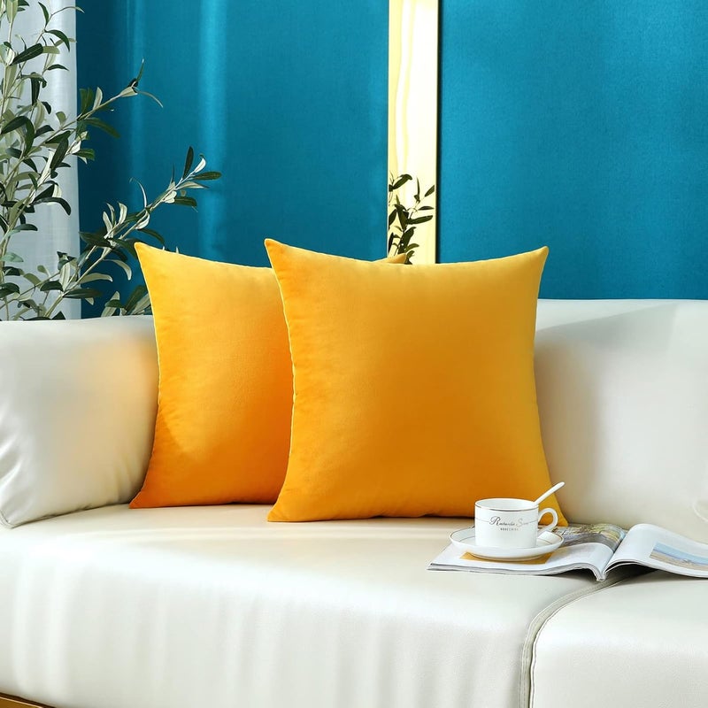 mixeoo Comfy Mustard Yellow Throw Pillow Covers Decorative Square Solid Thick Velvet Soft Cushion Cases Home Decor for Sofa Couch Living Room Chair, Set of 2, 18 x 18 Inch - Image 1