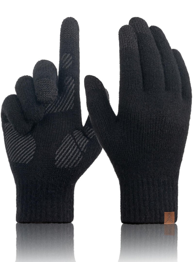 TRENDOUX Merino Wool Gloves for Women Men: Womens Cold Weather Warm Touch Screen Knit Gloves, Ladies Lightweight Thin Thermal Fleece Glove for Walking Driving Texting Gift Medium Size BLACK - Image 1
