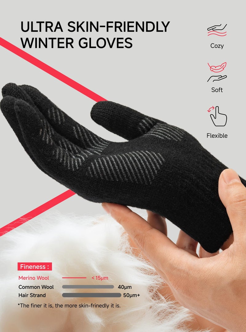 TRENDOUX Merino Wool Gloves for Women Men: Womens Cold Weather Warm Touch Screen Knit Gloves, Ladies Lightweight Thin Thermal Fleece Glove for Walking Driving Texting Gift Medium Size BLACK - Image 3