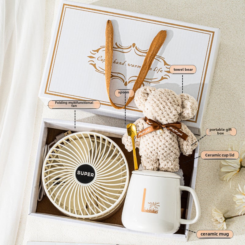 USB Chargeable Folding Fan Mini Portable Pearl White Fan Cup Towel Bear Accompanying Gift suit