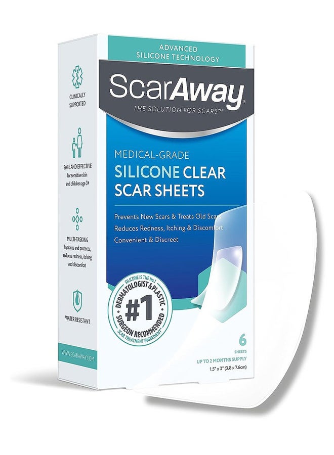 ScarAway Advanced Clear Silicone Scar Sheets, Medical Grade Silicone Strips (1.5" x 3") Scar Treatment And Prevention For Surgical, Burn, Body, Hypertrophic And Keloid Scar Treatment, 6 Clear Sheets - Image 1