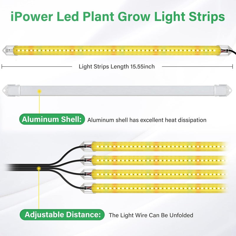 iPower iPower 60W LED Grow Light Strips for Indoor Plants with Auto ONOff 3912H Timer 10 Dimmable Levels 48 LEDs Per Tube Sunlike Grow Lamp for Hydroponics Succulent Yellow  - Image 2