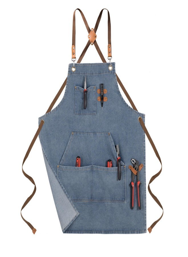 Pinknoke Denim Bbq Apron for Men Women with Pockets Adjustable Cross Back Chef Aprons for Kitchen Cooking Grilling Working (Denim Blue) - Image 1