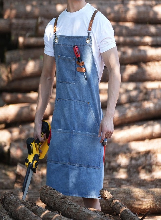 Pinknoke Denim Bbq Apron for Men Women with Pockets Adjustable Cross Back Chef Aprons for Kitchen Cooking Grilling Working (Denim Blue) - Image 2