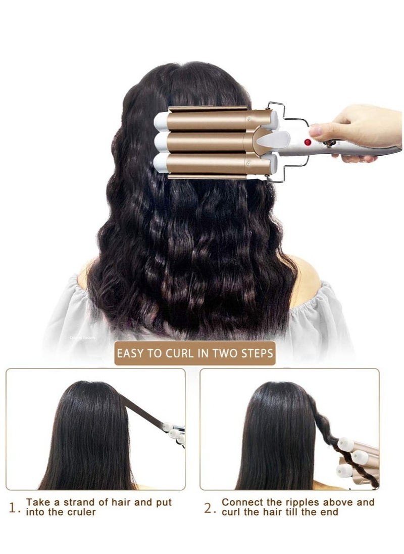 ELTRAZONE Three Barrel Hair Waver 25MM Big Wave Hair Curling Iron Wand with Two Speed Temperature Control, Ceramic Tourmaline Triple Barrels, Dual Voltage Crimp, Gold  - Image 2