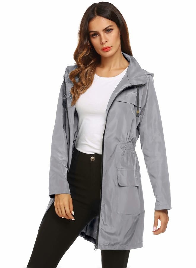 Lomon Women Waterproof Lightweight Rain Jacket Active Outdoor Hooded Raincoat, Gray, L - Image 4