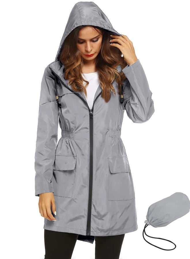 Lomon Women Waterproof Lightweight Rain Jacket Active Outdoor Hooded Raincoat, Gray, L - Image 1