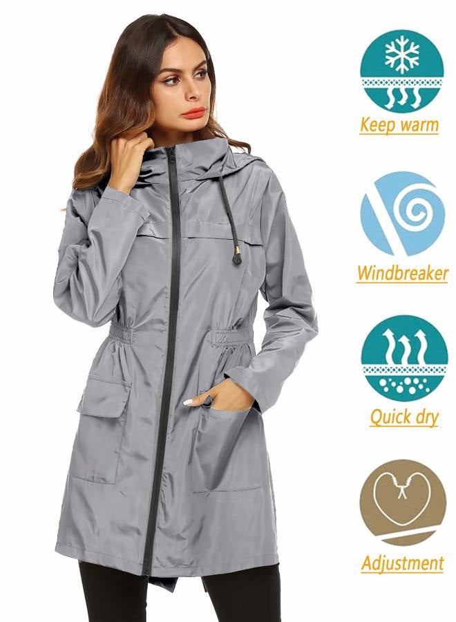 Lomon Women Waterproof Lightweight Rain Jacket Active Outdoor Hooded Raincoat, Gray, L - Image 2